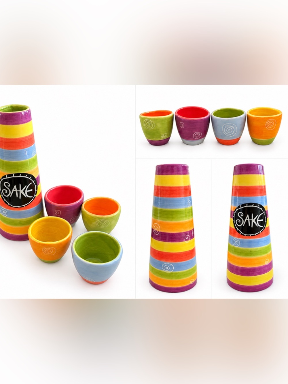 Multicolor Striped Sake Set - Purple, Yellow, Orange, Green, Blue, Red